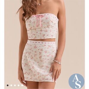 NWOT Altar'd State Pink & White Floral embroidered Skirt Set with crop top